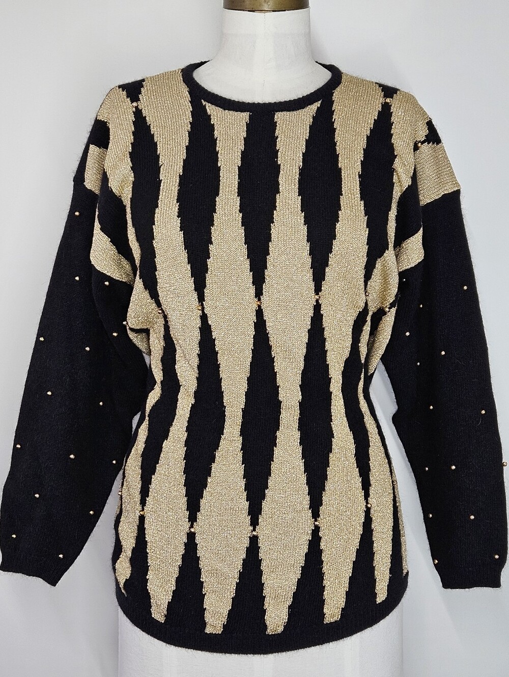 Richard & Co. Size M 80s Metallic Gold Black Angora Wool Sweater Removable Pads